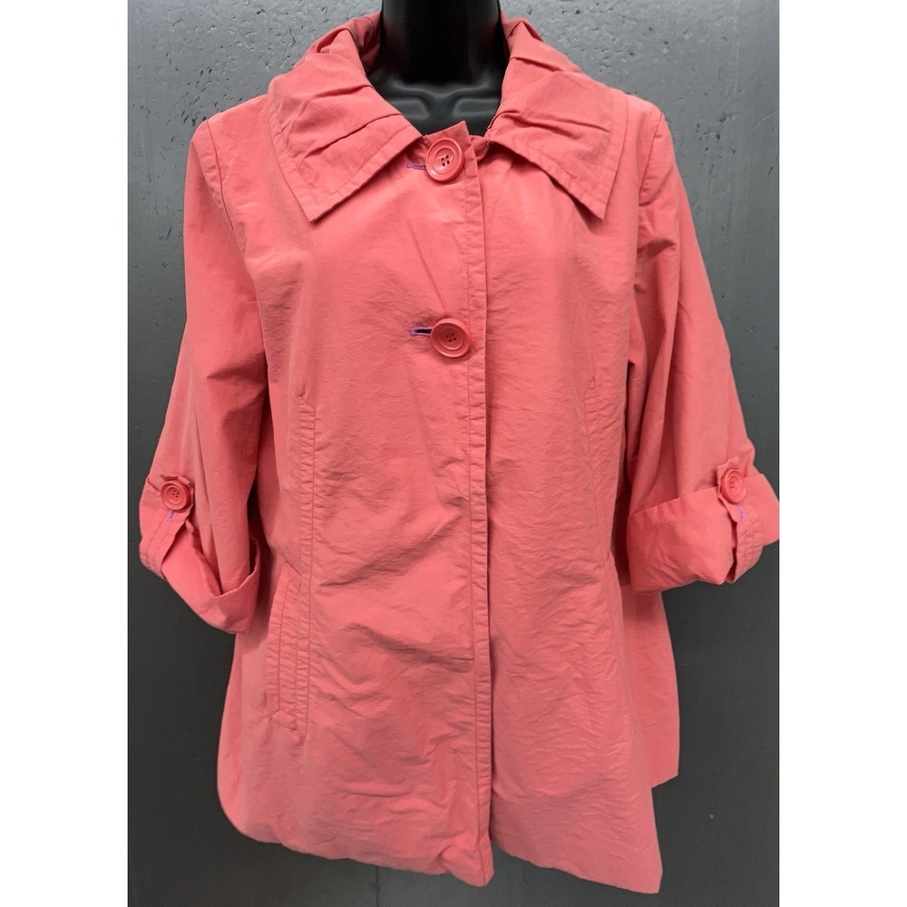 Womens‎ Rain Coat Med Pet Coral Pink Pleated Collar 3/4 Sleeve Pockets